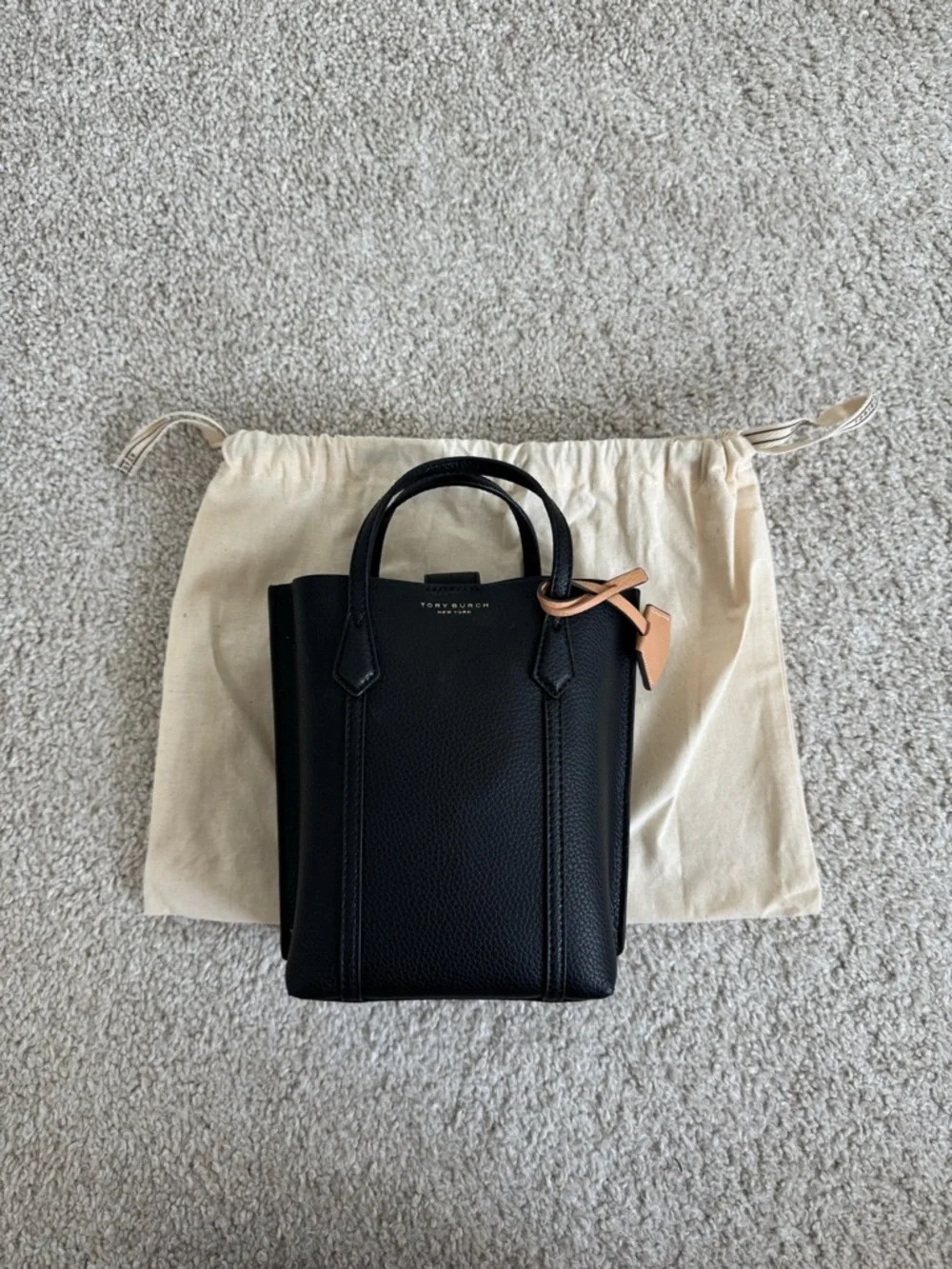 Tory Burch Perry Black Pebbled Leather Mini Crossbody with Tan Charm